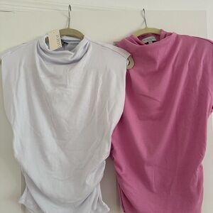 Michael Stars 2 ruched Amara ribbed tops NWT pink white M